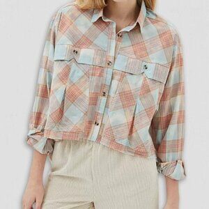 NWOT BDG Urban Outfitters Plaid Cropped Shirt Oversized Cotton Green/Orange M